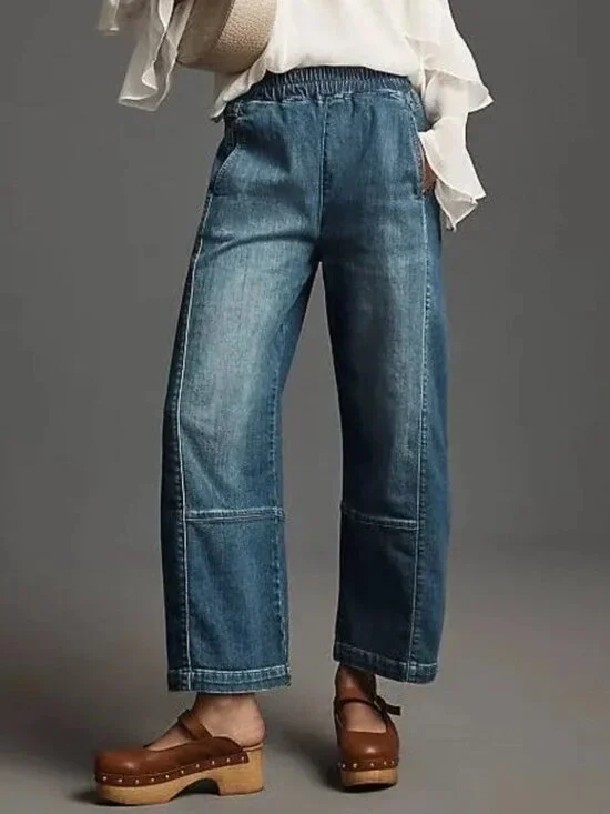 PILCRO ANTHRO IZZIE RELAXED PULL ON BARREL JEANS ELASTIC WAIST CROP DENIM sz L - Picture 2 of 8